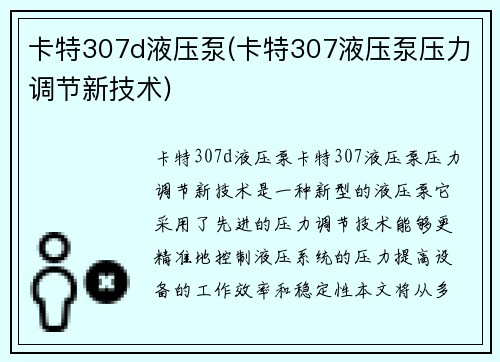 卡特307d液压泵(卡特307液压泵压力调节新技术)