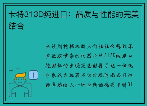 卡特313D纯进口：品质与性能的完美结合
