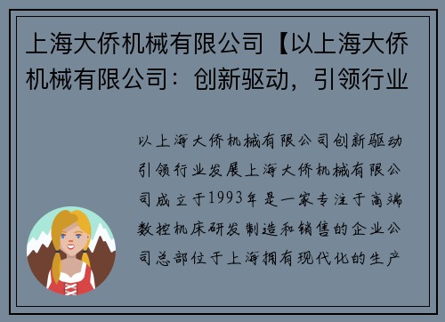 上海大侨机械有限公司【以上海大侨机械有限公司：创新驱动，引领行业发展】
