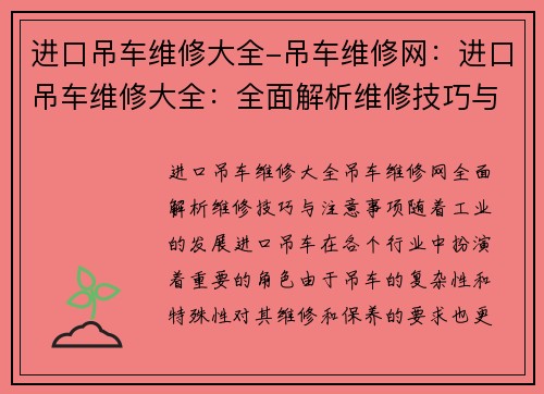 进口吊车维修大全-吊车维修网：进口吊车维修大全：全面解析维修技巧与注意事项